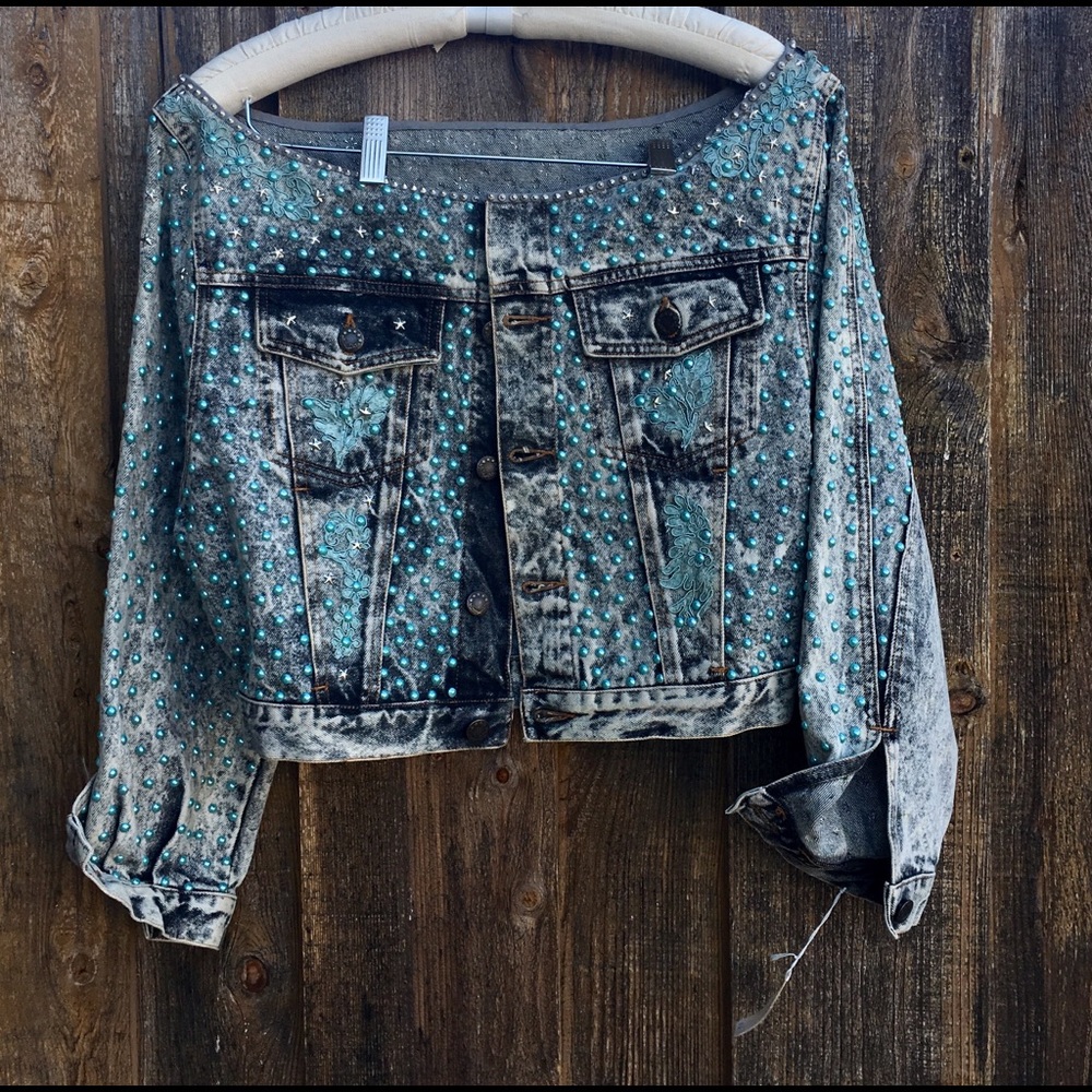 One of a kind embellished gray JeanJjacket